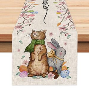 ARKENY Happy Easter Rabbit Cat Carrot Table Runner 13×72 Inches Seasonal Spring Decor Bunny Floral Holiday Farmhouse Indoor Vintage Theme Gathering Dinner Party Decorations