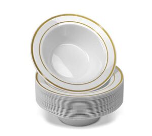 50 Disposable White Gold Trim Plastic Dessert Bowls | SMALL 6 oz. Premium Heavy Duty Disposable Dinnerware with Real China Design | Safe & Reusable and Great for Parties (50-Pack) by Bloomingoods