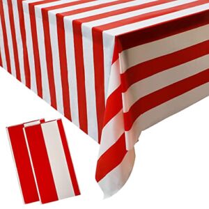 peony man 2 Pieces Red and White Striped Tablecloth Plastic Stripe Table Cover Carnival Circus Tablecloths Waterproof Rectangle Tablecloth for Holiday Party Picnic Decoration, 54″ x 107″