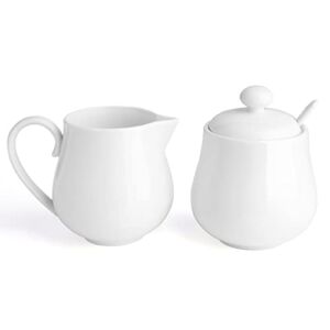 Sweese 480.101 Porcelain Sugar and Creamer Set, Coffee Serving Set, 3 Piece with Cream Pitcher, Sugar Bowl with Lid and Spoon, White
