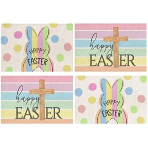 Happy Easter Bunny Cross Watercolor Placemats 18×12 Inches Seasonal Spring Decor Holiday Farmhouse Indoor Vintage Theme Gathering Dinner Party Decorations