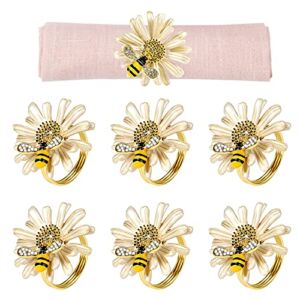 Kesote Daisy Sunflower Napkin Rings Set of 6, Gold Bee Napkin Ring Holders for Formal or Casual Dinning Table Decor