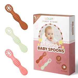 LOLLYY Baby-Led Weaning Silicone Spoons 3-Pack | First Stage Self-Feeding Baby Spoon Set | Baby Training Spoons for Self Feeding at 6-Months | Gum Friendly BPA Lead Phthalate and Plastic Free