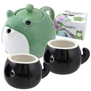 HAKONE YOSEGI Frog Teapot & Teacup Cute Tableware Japanese tea set, Tea Service Set Ceramic Tea Pot (30 oz), 2-Piece Tea Cups (5 oz) (tea pot ＆ 2 tea cup)