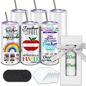 Sublimation Tumblers bulk 20 oz Skinny,6 Pack Stainless Steel Double Wall Straight non tapered 20 ounce Blank Tumbler Cups wholesale White with Lid, Straw, Gift Box,Polymer Coating for Heat Transfer
