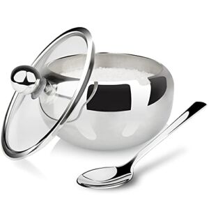 Bivvclaz Stainless Steel Sugar Bowl with Lid and Spoon, 10 oz Sugar Container with Spoon, Sugar Dispenser Bowl for Coffee, Small Condiment Container for Salt, Spices