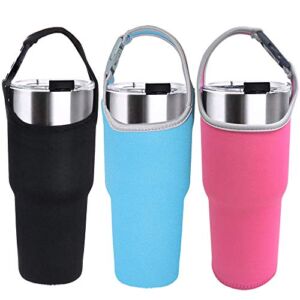 3 Pack Tumbler Carrier Holder Pouch for All 30oz Stainless Steel Travel Insulated Coffee Mug,Sonku Neoprene Sleeve with Carrying Handle ,Fit for Rambler Ozark Trail Rtic and More-Black Blue Rosy