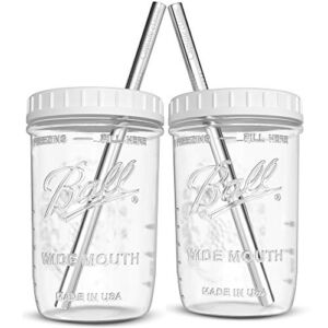 Reusable Wide Mouth Smoothie Cups Boba Tea Cups Bubble Tea Cups with Lids and Silver Straws Mason Jars Glass Cups (2-pack, 16 oz mason jars) Brand Capsule Classic