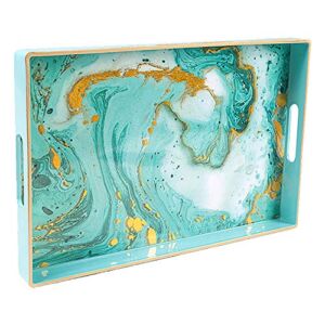 MAONAME Turquoise Serving Tray with Handles, Plastic Decorative Tray for Coffee Table, Marbling Rectangular Tray for Bathroom, Ottoman, Storage, 15.7″ Lx 10.2″ W X 1.57″ H