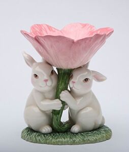 Fine Ceramic White Bunny Pair Holding Up Tulip Flower Candy Bowl, 4-3/8″ * 5″ H