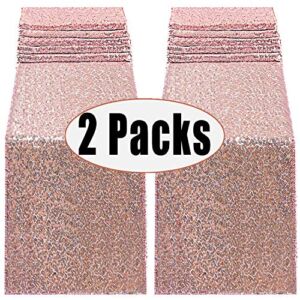 FECEDY 2 Packs 12 x 72inch Glitter Rose Gold Sequin Table Runner for Birthday Wedding Engagement Bridal Shower Baby Shower Bachelorette Holiday Celebration Party Decorations