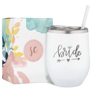 SassyCups Bride Tumbler | Engraved Stainless Steel Wine Tumbler with Lid and Straw For Bride to Be | Soon to Be Bride | Newly Engaged | Engagement Glasses (12 Ounce, White)