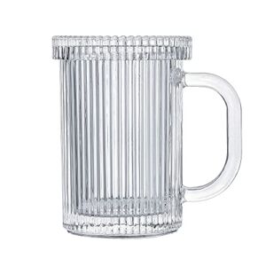 Lysenn Clear Glass Coffee Mug – Classic Vertical Stripes Tea Mug – Elegant Coffee Cup with Glass Lid for Latte, Espresso – Lovely Gift for Christmas, Anniversary and Birthday – 11 oz