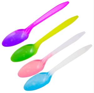 Color Changing Reusable Spoons, Pack of 25, Assorted Colors, reacts to cold food temperatures and changes color -yogurt, ice cream, gelato, cold drinks – PACKED IN USA