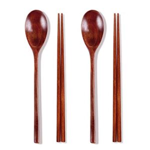 Ecloud Shop Wooden Spoon Chopsticks Sets Korean Dinnerware Combinations Chopsticks and Spoons Set for Home Kitchen or Restaurant (2 Pairs)