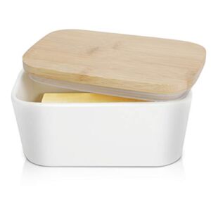 Large Butter Dish 22 oz (650ml), Airtight Butter Keeper Butter Container, Porcelain Butter Keeper Container with Beech Wooden Lid & Seal Ring