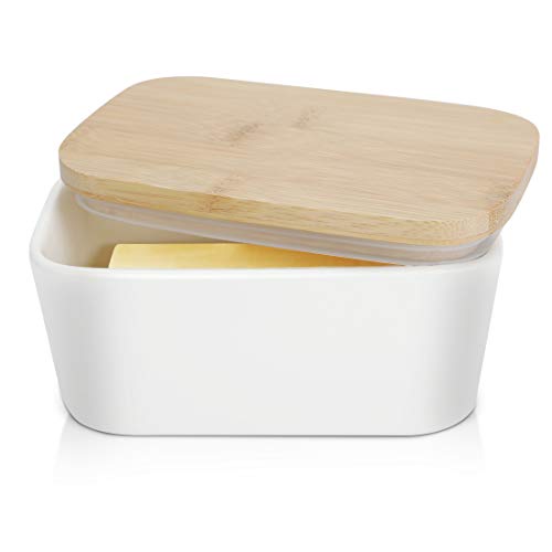 Large Butter Dish 22 oz (650ml), Airtight Butter Keeper Butter Container, Porcelain Butter Keeper Container with Beech Wooden Lid & Seal Ring | The Storepaperoomates Retail Market - Fast Affordable Shopping