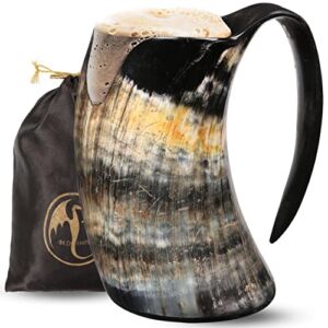 Viking Horn Mug – 100% Authentic 16oz – Ultimate Unique Handmade Ox Horn Norse Mug for Hot & Cold Drinks with Gift Bag – Food Grade Medieval Style Man’s Beer & Mead Cup…