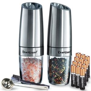 ChefGiant Electric Salt and Pepper Grinder Set | Automatic Gravity Activated Operation with LED Light | Adjustable Coarseness | Batteries Included | Bonus Spoon & Brush – Stainless Steel