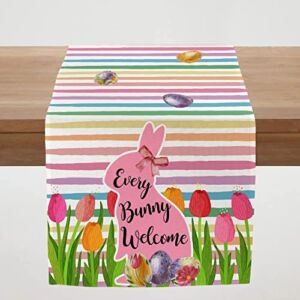 PROCIDA Easter Spring Bunny Table Runner Burlap, Easter Pink Rabbit Table Runners Colorful Tulips Eggs Seasonal Kitchen Dinning Decor for Easter Indoor Outdoor Home Party 13×72 Inch
