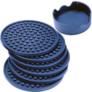 Enkore Drink Coasters Silicone Set of 6 (Dark Indigo) With Holder – Stay Put With No Slipping, Large Size Deep Condensation Trap – Friendly to All Table Types and Kid Safe