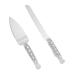 Juvale Silver Wedding Cake Knife and Server Set with Crystals, Ribbon, Faux Diamonds (Stainless Steel)