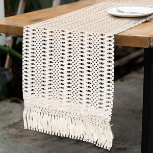AerWo Macrame Table Runner Boho Woven Cotton Crochet Lace Farmhouse Moroccan Wedding Table Runner with Tassels for Bohemian, Dinner Rustic Table Top Bridal Shower, Wedding Table Decorations,108 Inches