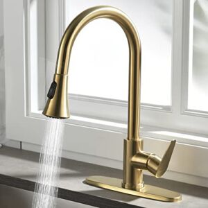 Rainovo Kitchen Faucet with Pull Down Sprayer Brushed Gold, 3 Hole Kitchen Sink Faucet Stainless Steel Single Handle, High Arc Faucets with Deck Plate Commercial Modern with Pull Out Sprayer