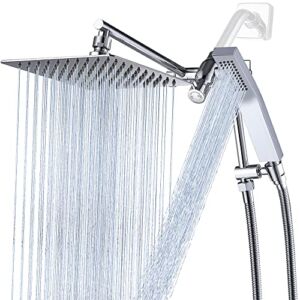 Metal Square Shower Head with Handheld Combo, 8 Inches Rain Shower Head Contains Diverter with Adjustable Shower Arm and Holder, and 70 Inches Extra Long Stainless Steel Hose (Chrome)