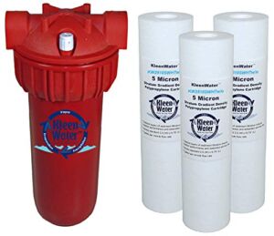 KleenWater Hot Water Filter (1), Mounting Bracket (1), High Temp Cartridges, 5 Micron (3), Spare O-ring (1), Filter Wrench (1)