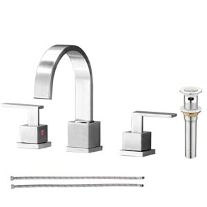 KINGO HOME Widespread Waterfall 3 Hole Brushed Nickel Bathroom Faucet, Modern 8 inch 2 Handle Stainless Steel Bathroom Sink Faucet Vanity Sink Faucet with Pop Up Drain and Water Supply Lines