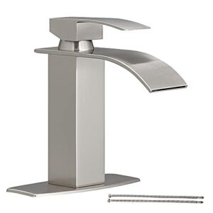 Hoimpro Waterfall Spout Brushed Nickel Single Hole Bathroom Faucet,Single Handle Bathroom Vanity Sink Faucet, Rv Lavatory Vessel Faucet with 6 Inch Deck Plate , Solid Brass