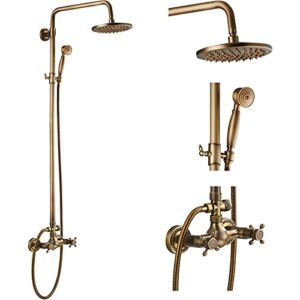 Antique Brass Bathroom Shower Faucet Set Brushed Gold Shower Fixture 8 Inch Rainfall Shower Head Handheld Shower Cross Handle