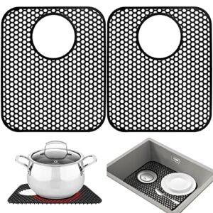 Sink Protectors for Kitchen Sink – YUBIRD 13.58″x 11.6″ Sink Mat, 2 PCS Silicone Kitchen Sink Mat for Bottom of Stainless Steel Sink(Black, Rear Drain)