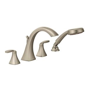 Moen Voss Brushed Nickel Two-Handle Deck Mount Roman Tub Faucet Trim Kit with Single Function Handshower, Valve Required, T694BN
