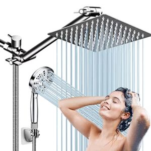 Shower Head Combo, 10” High Pressure Rainfall Shower head with 11” Adjustable Extension Arm, 6 Settings Adjustable Handheld Showerheads with Adhesive Holder and 60” Stainless Steel Hose
