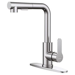 HURRAN Kitchen Faucet with Pull Down Sprayer, Brushed Nickel Single Handle Kitchen Sink Faucet with Deck Plate to Cover 1 or 3 Holes, Stainless Steel Faucets for Bar Rv Camper Laundry Sinks Faucet