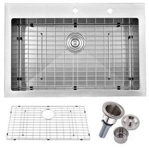 Friho 33″x 22″ Inch 18 Gauge Commercial Large Topmount Drop-in Single Bowl Basin Handmade SUS304 Stainless Steel Kitchen Sink,Brushed Nickel Kitchen Sinks With Dish Grid and Basket Strainer