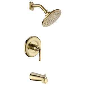 Brushed Gold Tub and Shower Faucet Set, Pressure Balancing Modern Bathtub Spout and 5-Spray Shower Head, Concealed Rough-in Valve with Trim Included