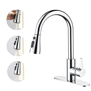 DREAMIND Kitchen Faucet with Pull Down Sprayer Chrome, 3-Function High Arc Single Handle Kitchen Sink Faucet with Deck Plate, Commercial Modern RV Kitchen Faucet, Grifos De Cocina