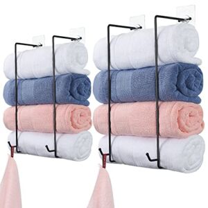 Towel Rack, 2 Set Towel Racks for Bathroom, Towel Holder with Hooks, Towel Holder for Bathroom Wall, Self-Adhesive Towel Storage, No Drilling, No Damage to The Wall, Black