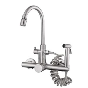 Wall Mount Kitchen Faucet 8 Inch Faucet Brushed Nickeled Faucet for Kitchen, with Spray Gun and 2 Water Jet, Swivel 360° spout Wall Faucet , Wall mounting Kitchen Faucet