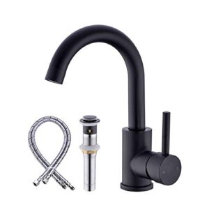 Anpean Single Handle Bathroom Sink Faucet One Hole with Pop-Up Drain and Water Supply Lines, Matte Black