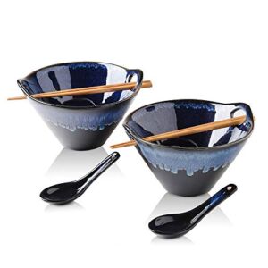KOOV Porcelain Ramen Bowls and Spoons Set of 2 – Japanese Ramen Noodle Bowl with Chopsticks and Spoons, 26 Ounce Deep Pho Bowl, Reactive Glaze (Blue Galaxy)