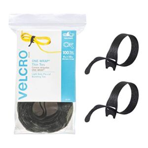 VELCRO Brand ONE-WRAP Cable Ties, 100Pk, 8 x 1/2″ Black Cord Organization Straps, Thin Pre-Cut Design, Wire Management for Organizing Home, Office and Data Centers