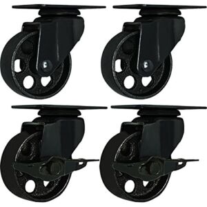 FactorDuty 4 All Black Metal Swivel Plate Caster Wheels w/Brake Lock Heavy Duty High-Gauge Steel (3″ Combo)