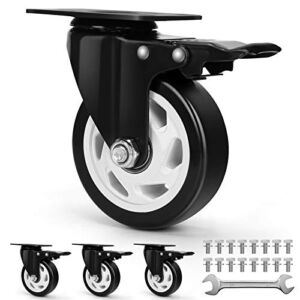 Workbench Casters – Heavy Duty Casters Set of 4 with Brake – 4-inch Swivel Casters for Furniture Pieces – Noiseless Industrial Casters with Polyurethane Rubber Coating – 1200 Lbs Total Capacity