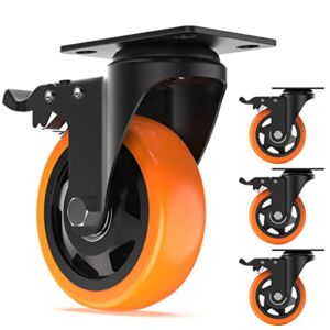 4 inch Swivel Caster Wheels with Safety Total Lock, Total Capacity 1200lbs, 360 Degree Heavy Duty Plate Casters (Pack of 4,Orange)