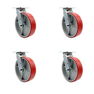 Polyurethane on Cast Iron Swivel Top Plate Caster Set of 4 w/8″ x 2″ Red Wheels – Includes 4 Swivel – 5000 lbs Total Capacity – Service Caster Brand