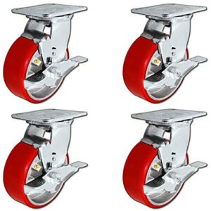 5″ x 2″ Heavy Duty Swivel Caster Set of 4 – Red Polyurethane on Steel Core with Brakes – 4,400 lbs Per Set of 4 – Toolbox Casters – CasterHQ